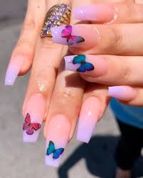 Black And Purple Butterfly Nails Cute Light Purple Ombre Nails Coffin Shaped With Butterflies 2019 Purple Ombre Nails Nail Art Ombre Coffin Nails Designs