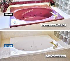 Many homeowners do not consider all the aspects of replacing their old bathtubs, sinks or tile. Is Your Tub And Tile Seriously Outdated But You Love The Shape And Size Of Them Bathtubs Are Expensive Refinish Bathtub Tub Refinishing Bathroom Refinishing