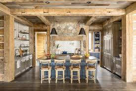 rustic cabin kitchen with wood pillars