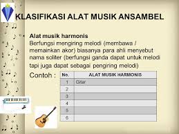 Sebagai contoh, dalam sebuah pertunjukan ansambel campuran terdiri dari berbagai alat musik ansambel seperti gitar, pianika, cymbal, dan tamborin. Ansambel Musik By Sabina Arlien Ppt Download