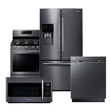 Black And Stainless Steel Refrigerator Samsung Black Stainless Steel Suite Refrigerator Range Microwave Dishwasher Black Appliances Kitchen Samsung Black Stainless Black Stainless Steel Kitchen