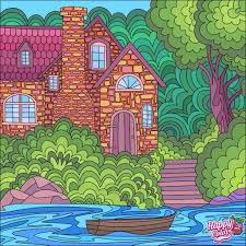 Maison Riviere Barque Chaloupe Lac Happy Colors Colorful Art Happy Art