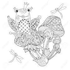 hand drawn doodle contour champignons magiques et princesse grenouille decorees avec des ornements floraux dessinez pour tatouage poster enfants ou pages a colorier adultes clip art libres de droits coloriage tortue