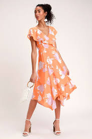 Garden Of Joy Light Orange Floral Print Ruffled Wrap Dress Long Wrap Dress Spring Floral Dress Womens Wrap Dress