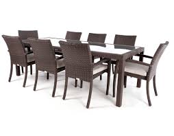 The trex surf city line features clean lines, powder coated aluminum frames, and three different colors of hdpe poly wood material that forms the table, benches, and arm chairs. 8 Person Ciro Rectangular Patio Dining Table With Glass Surface And Other Quality Outdoor Furniture Available At Our Laval Store