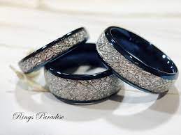Matching Wedding Bands Meteorite Inlay Rings His And Her Engagement Ring Blue Tungsten Ring Womens Tungsten Rings Tungsten Wedding Bands Blue Tungsten Ring