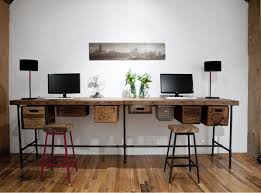 Diy Reclaimed Wood Long Computer Desk For Two With Metal Legs And Hanging Drawers 758x561 Jpg 7 Home Office Design Reclaimed Wood Desk Custom Office Furniture