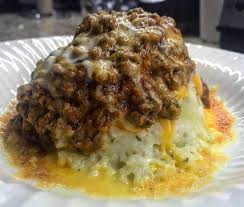 Volcano Cheesy Mashed Cauliflower Ground Beef In Rose Creamy Sauce Swipe Left Keto Cheesy Mashed Cauliflower Healthy Recipes Mashed Cauliflower