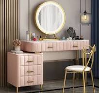 Móveis de Quarto com Design Elegante, Mesa de Maquiagem com Topo de Mármore  e Pernas de Aço Inoxidável Douradas