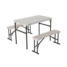 Temporarily out of stock, but you can order it now to lock in the price). Lifetime 3 Piece Almond Fold In Half Folding Picnic Table Bench Set 80373 The Home Depot Table And Bench Set Portable Picnic Table Picnic Table Bench
