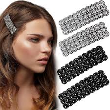 4Pcs Rhinestone Snap Hair Clips Shining Crystal Black+Sliver