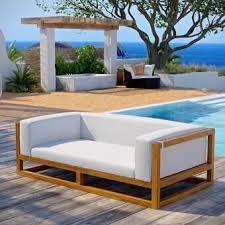 Rosecliff Heights Lakeland Teak Patio Sofa With Cushions Reviews Wayfair In 2020 Teak Patio Furniture Backyard Furniture Small Patio Furniture