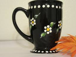 My favoritism extends far outside the flower realm! Mug Cup Coffee Hand Painted Black White Dot Daisies Jamscraftcloset
