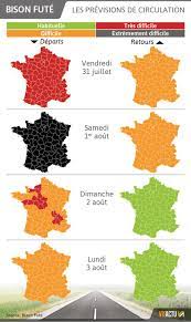 L'application mobile bison futé fournit une information fiabilisée sur l'ensemble du réseau routier national (tous les événements et leurs conséquences proviennent des gestionnaires du réseau routier national) et en temps réel. Cartes Departs En Vacances Le Chasse Croise Se Poursuit Ce Dimanche