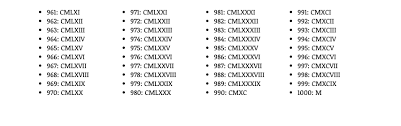 A combination of letters was used to signify value. Free Printable Roman Numerals Chart 1 To 1000 Pdf