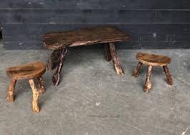 Rare primitive rustic low wooden round table antique ottoman small coffee table. Primitive Tree Trunk Coffee Table With Two Tabourets Coffee Tables Tables European Antique Warehouse