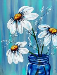 Beautiful Daisy Painting In A Blue Awesome Beginner Painting Idea Daisy Painting Spring Painting Easy Canvas Painting