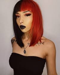 This hairstyle form a top knot at the top center of the head. Half Black Half Red Spilt Straight Bob Wig High Voltage By Lush Wigs Uk