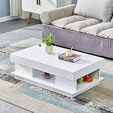 Huisen Furniture Modern White High Gloss Coffee Table Wooden 2 Tiers With Hidden Storage Drawers Li Living Room Side Table Living Room Stands Living Room Table