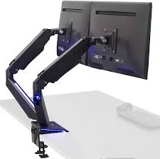Amazon Com Vivo Premium Dual 17 To 32 Inch Gaming Pneumatic Monitor Arms Clamp On Desk Mount Stand With Blue Led Lights Max Vesa 100x100 Black Stand Gm2bb Office Products