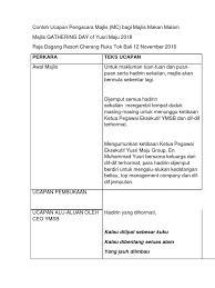 Selamat datang ke majlis makan malam , setahun bersama seabad terasa. Teks Majlis