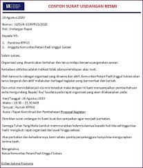 Surat undangan non resmi adalah surat undangan yang dibuat perseorangan atau kelompok untuk mengundang seseorang dalam kegiatan yang tidak formal seperti undangan pernikahan, undangan sehubungan dengan akan dilaksanakannya acara tahunan sekolah yakni pentas seni (pensi). Contoh Surat Undangan Rapat Resmi Ulang Tahun Pernikahan