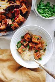 Sticky Tofu With Glass Noodles Bev Cooks Recipe Sticky Tofu Glass Noodles Tofu