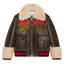 Gucci Embroidered Shearling Lined Leather Bomber Jacket Gucci Leather Jacket Dark Brown Leather Jacket Leather Bomber Jacket