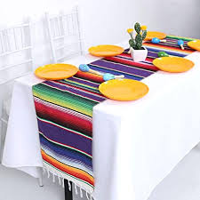 Decorating ideas for a mexican fiesta themed party if you have a yearning for the beaches of cabo, the sites of cuernavaca, or the mole of oaxaca, take a figurative trip south of the border with a mexican fiesta themed party. Amazon Com Helaku Mexican Table Runner Puiple Mexican Serape Table Runners For Mexican Theme Party Decorations 5 Pack 14x108inches Home Kitchen