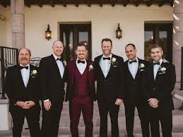 Black And Burgundy Groomsmen Suits Click To Buy Latest Coat Pant Designs Burgundy Shawl Lapel Double Breasted Wedding Suits For Men Skin Burgundy Suit Wedding Groom Style Groomsmen Colours
