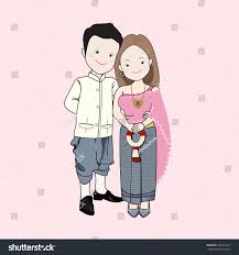 Wedding Cartoon Vector Bride And Groom In Thai Traditional Dress Woman Holding A Jasmine Garland ภาพประกอบ ต วการ ต นชาย ศ ลปะไทย