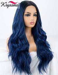 The Perfect K Ryssma Blue Ombre Lace Front Wig Glueless Long Wavy Dark Blue Synthetic Wig With Dark Roots Middle Partin Purple Ombre Hair Brown Ombre Hair Wigs