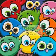 Aida 14, cream 167w x 164h stitches size(s): Cartoon Birds Cushion Cross Stitch Pattern By Tereena Clarke Crosstitch Com