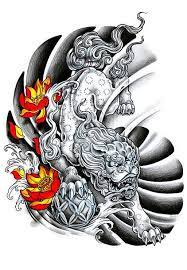 Awesome Oriental Design Of Foo Dog And Lotus Flowers Style Oriental Color Gray Tags Nice Awesom Japanese Tattoo Designs Japanese Tattoo Original Tattoos