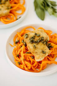 Lemon Caper Pork Scallopini With Butternut Squash Noodles Inspiralized Recipe Pork Scallopini Butternut Squash Noodle Spiralizer Recipes