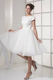 Shop Best Price Simple Modest Ballroom Short Sleeved White Wedding Gown In Satin And Organza Knee Length Wedding Dress Online Wedding Dress Short Wedding Dress