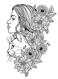 Black And White Flower Crown Drawing Tattoo Women And Cat Hand Drawing Sketch Black And White Flower Crown Drawing Crown Drawing Drawings