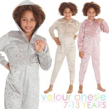 Girls Crushed Velvet Hooded Pyjama All in One Piece Zipped Velour PJs  1Onesie UK