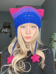 LGBTQ+ Flag Inspired Cat Ear Flap Hat With Stars Crochet Handmade Knitted  Beanie Pride Color Design Inspired