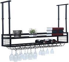 Metal kitchen shelves industrial looking bookshelves with glass. Amazon Com Hanging Wine Rack With Glass Holder And Shelf Adjustable Metal Ceiling Bar Wine Glass Rack 2 L Glass Rack Hanging Wine Glass Rack Hanging Wine Rack