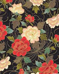 Black And Gold Pattern Fabric Japanese Import Hana Zukushi Peonies Black Gold Quilt Fabrics From Www Equilter Com Japanese Floral Design Japanese Art Pattern Art