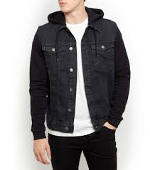 Black Jersey Sleeve Hooded Denim Jacket Hooded Denim Jacket Black Denim Vest Denim Jacket Men