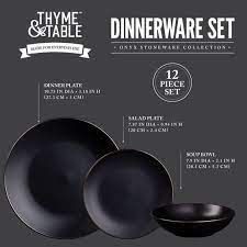 Thyme Table Dinnerware Black Onyx Stoneware 12 Piece Set Walmart Com Black Dinnerware Dinnerware Dinnerware Set
