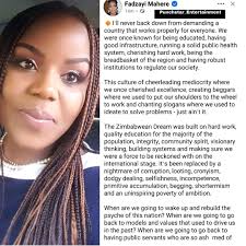 NEWS>>>>>Advocate Fadzayi Mahere says she will not stop demanding a country  that works for everyone. She criticizes the current leadership for  celebrating poor performance and corruption, arguing it has replaced  Zimbabwe's former