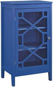 Benjara Transitional Wood And Glass Cabinet With Three Shelves Small Blue Linon Single Doors Accent Chests And Cabinets