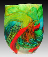 Art Glass Painted Tiger Parrot Blown Glass Vessel By Artist Noel Hart Size 38cm H X 29cm W X 6cm D 15 Glass Art Sculpture Glass Art Hand Blown Glass