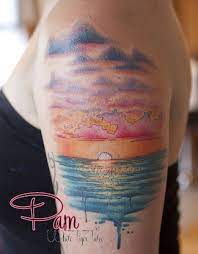 Sunset Tattoo Cool Sun And Glare Idea Sunset Tattoo Watercolor Tattoo Sleeve Sunset Tattoos