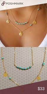 Boho Layered Turquoise Beaded Necklace Gold Turquoise Bead Jewelry Turquoise Bead Necklaces Womens Jewelry Necklace