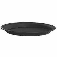Plant pot in glazed ceramic with a printed design at front, ears at top, and a drainage hole at base. Stewart Round Plant Pot Saucer 50cm Black Bosworths Online Shop