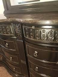The set consists of a three drawer chest with two ditty boxes and a swivel mirror with candle shelves, a marble top wash stand and a some what full size curved footboard solid walnut bed. Used Marble Top Britannia Rose Queen Bedroom Set Ashley Furniture Bedroom Sets Queen Bedroom Set Rose Bedroom